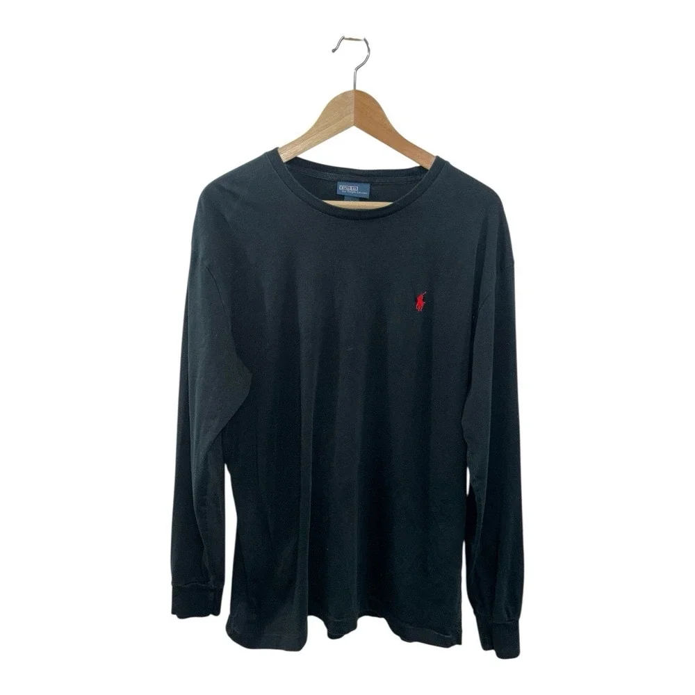 Polo Ralph Lauren Men's M Black L/S T-Shirt Red Pony Logo Fits Small 100% Cotton